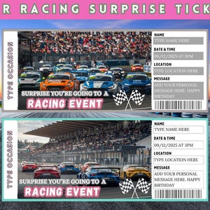 Autorennen Überraschungsticket, Überraschungsgeschenkticket, Autorennen-Event-Gutschein, Event-Geburtstagsgeschenk-Überraschungsticket, Ticketvorlage