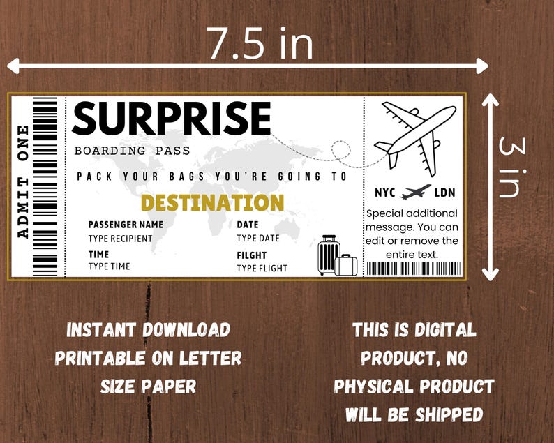 Surprise Boarding Pass Template,surprise Boarding Coupon Pass,editable