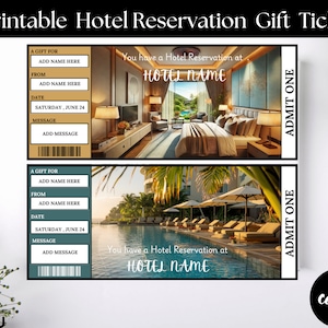 Plantilla de boleto de revelación sorpresa de reservas de hotel, plantilla de boleto, regalo de cupón de reserva de hotel, cupón de hotel sorpresa