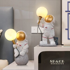 Large Astronaut Moon Night Light, Unique Bedside Nightlight, Decorative Office Desk Lamp, Spaceman Resin Sculpture - Space Secrets