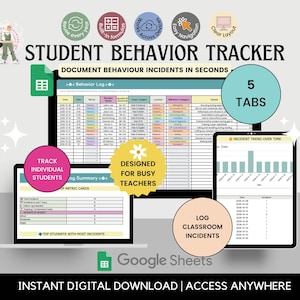 May include: A digital Student Behaviour Tracker for Google Sheets featuring a behaviour log, incident trend charts, and summary metrics. The interface includes five tabs, data entry columns for dates and incidents, and text labels like Document Behaviour Incidents in Seconds.