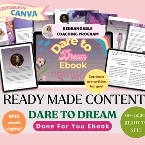 Op de afbeelding: Een roze en paarse achtergrond met de tekst "Dare to Dream Ebook" in een kleurrijk lettertype. Het e-book wordt beschreven als "Embracing Challenges Outside Your Comfort Zone". De tekst "Contents are written for you!" is ook inbegrepen. Het e-book is een rebrandbaar coachingsprogramma met wederverkooprechten.
