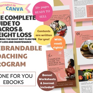 May include: A pink and yellow digital product mockup with the text "The Complete Guide to Macros & Weight Loss" and "Rebrandable Coaching Program". The image also includes the text "Done for You Ebooks" and "Bonus! Worksheets & Journal included!"