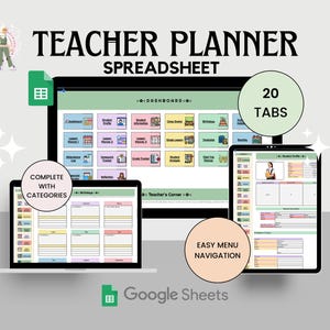 Może przedstawiać: Arkusz kalkulacyjny cyfrowego planera nauczyciela wyświetlany na laptopie, tablecie i monitorze. Planer zawiera 20 kart, kompletnych z kategoriami i łatwą nawigacją po menu. Widoczne jest logo Google Sheets.