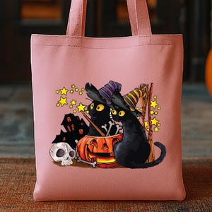 Halloween Black Cats Pumpkin Tote Bag: Spooky Fall Organic Cotton Candy Bag