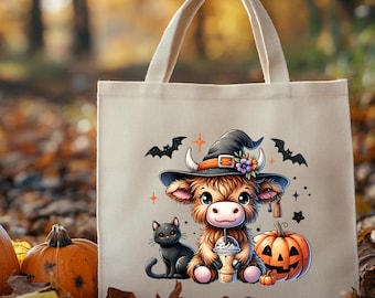 Halloween Cow Tote Bag: Highland Cow, Pumpkin, Black Cat