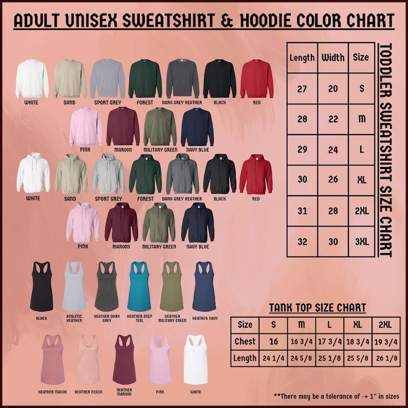 a women's shirt and hoodie color chart