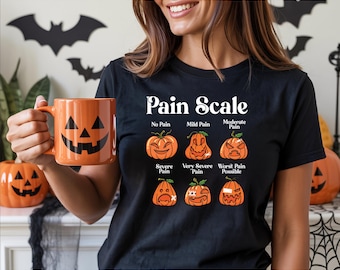 Sudadera de enfermera de Halloween: Camiseta de otoño con escala de dolor de calabaza