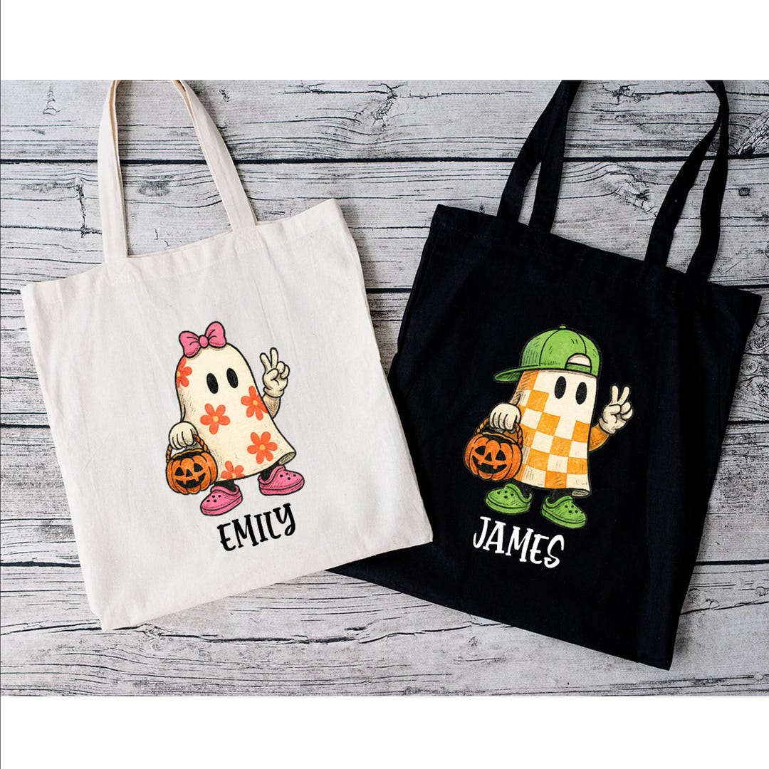 Personalized Halloween Tote Bag: Custom Name Ghost Trick or Treat Bag ...