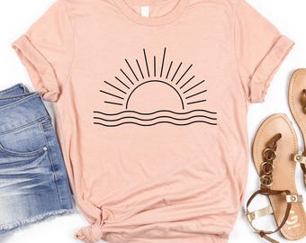 Retro Ocean Sunrise Graphic Tee - Boho Summer Shirt
