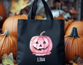 Custom Pink Pumpkin Halloween Tote Bag: Organic Cotton Trick or Treat