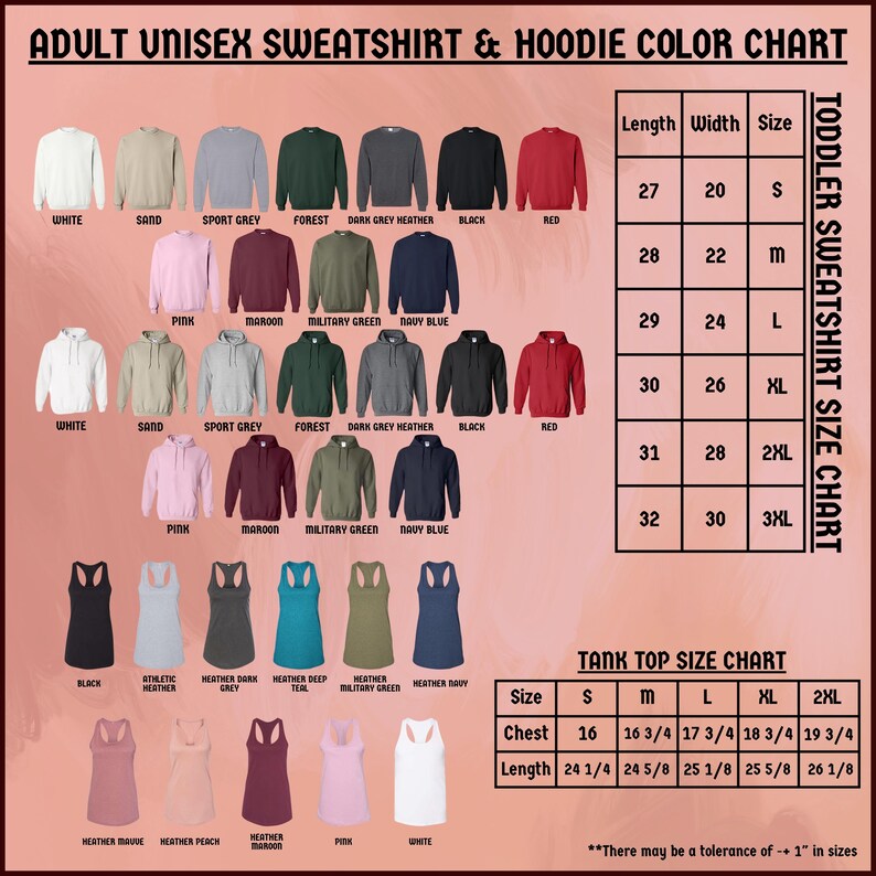 a women's shirt and hoodie color chart