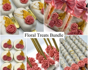 May include: A collection of floral-themed treats, including cake pops, cookies, and pretzel rods. The treats are decorated with pink roses, gold accents, and gold leaf designs. The text "Floral Treats Bundle" is displayed.