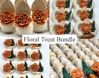 May include: A collection of floral-themed treats, including cake pops, pretzels, and cookies. The treats are decorated with orange flowers, green leaves, and gold accents. The text "Floral Treat Bundle" is displayed in the center.