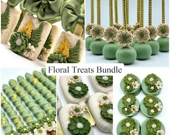 May include: A collection of floral-themed treats, including decorated cookies, cake pops, and chocolate-covered pretzels. The treats feature green, white, and gold accents, with floral designs. The text "Floral Treats Bundle" is displayed.