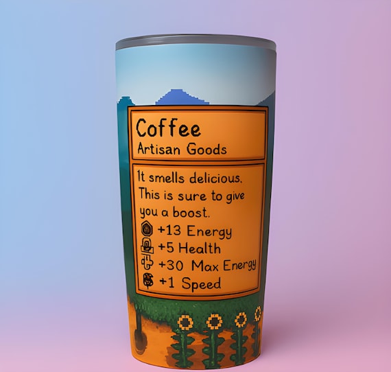 Stardew Valley Tumbler – 20oz Skinny Tumbler with Straw, Pixel Art Coffee Cup, Gamer Gift, Video Game Merch, Stardew Valley Gift