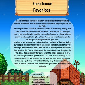 May include: A pixelated illustration of a farmhouse with a red roof and a chicken in the yard. The text "CHAPTER 4: Farmhouse Favorites" is at the top of the image. A list of seven recipes is below the image: Fried Calamari, Salmon with Garlic Kale, Eggplant Parmesan, Cheesy Cauliflower Bake, Fish Tacos with Homemade Slaw, Survival Burger, and Margherita Pizza.