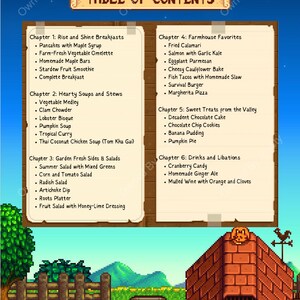 May include: A table of contents for a cookbook with a pixelated farm scene in the background. The table of contents lists six chapters: Rise and Shine Breakfasts, Hearty Soups and Stews, Garden Fresh Sides & Salads, Farmhouse Favorites, Sweet Treats from the Valley, and Drinks and Libations.