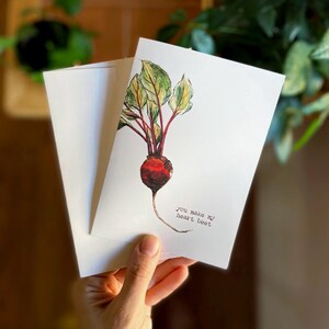 Cœur de betterave - carte de voeux avec enveloppe (intérieur vierge) - anniversaire de couple - jeu de mots - betterave rouge - vous faites battre mon coeur