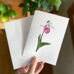 Chinelo de senhora rosa e branco vistoso - Cartão de nota de saudação com envelope (em branco por dentro) - Pequena mini impressão artística - Orquídea de flor do estado de Minnesota