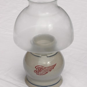 Vintage Red Wing Hurricane Lamp / Stoneware Candle Holder / Salt Glaze Pottery Base and Glass Globe / Complete Set / Votive Tealight Shade