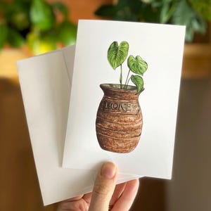 Pianta da appartamento - Biglietto di auguri con busta (vuoto all'interno) - Piccola stampa artistica in miniatura - Dipinto ad acquerello - Pothos in vaso per regalo per gli amanti delle piante