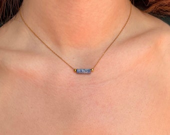 Lapis Lazuli Horizontal Bar Necklace on Yellow 925 Silver Chain Modern Layering Healing Jewelry Woman Boho Style Everyday Wear Accessory