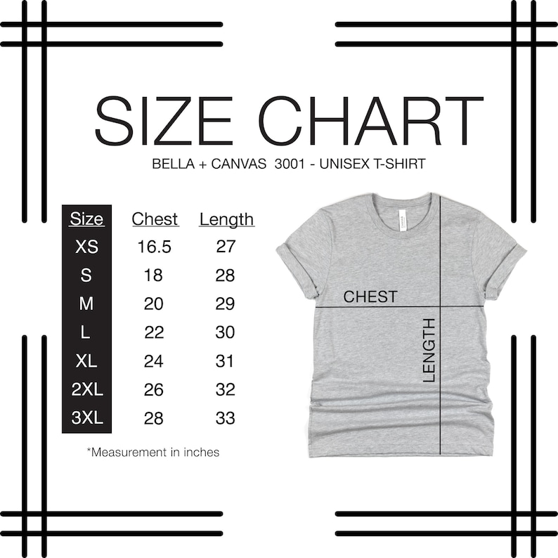 K&ouml;nnte beinhalten: Gr&ouml;&szlig;entabelle f&uuml;r ein Unisex-T-Shirt von Bella + Canvas 3001. Die Tabelle zeigt Brust- und L&auml;ngenma&szlig;e in Zoll f&uuml;r die Gr&ouml;&szlig;en XS, S, M, L, XL, 2XL und 3XL.