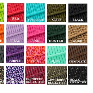 May include: A chart of 18 different colors of paracord, including green, red, turquoise, olive, black, orange, lilac, pink, hunter, gold, grey, purple, fire, aqua, chocolate, camouflage, pink lemonade, raspberry reflective, army green reflective, and black reflective.