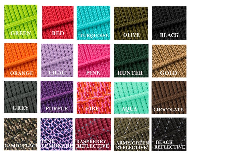 May include: A chart of 18 different colors of paracord, including green, red, turquoise, olive, black, orange, lilac, pink, hunter, gold, grey, purple, fire, aqua, chocolate, camouflage, pink lemonade, raspberry reflective, army green reflective, and black reflective.