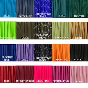 May include: A grid of twenty vertical cord samples in various colors including blue, navy blue, reflective blue, teal, hunter, neon green, olive, reflective olive, guacamole, gold, electric blue, lilac, reflective black, orange, black, red, burgundy red, neon pink, fuchsia pink, and pink.