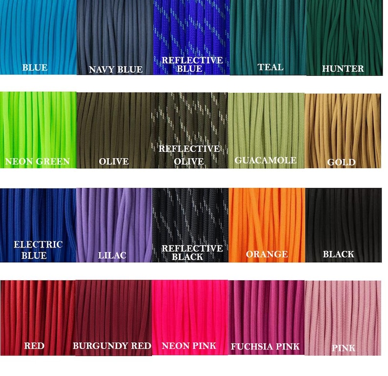 May include: A grid of twenty vertical cord samples in various colors including blue, navy blue, reflective blue, teal, hunter, neon green, olive, reflective olive, guacamole, gold, electric blue, lilac, reflective black, orange, black, red, burgundy red, neon pink, fuchsia pink, and pink.