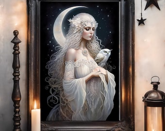 Ethereal Moon Goddess Art Print, Selene Oracle Portrait, Surreal Divine Feminine Wall Art