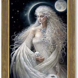 Moon Goddess Portrait, &quot;Sisters of the Moon&quot;, Goddess Wall Art, White Owl, Celestial Wall Decor, Artsy Gift