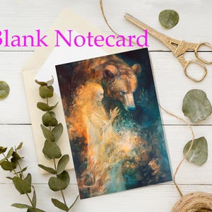 Cartão de mensagem com o espírito do urso, cartão de fantasia de urso para scrapbook, linda arte de deusa e urso para decoupage, cartão de felicitações com espírito animal