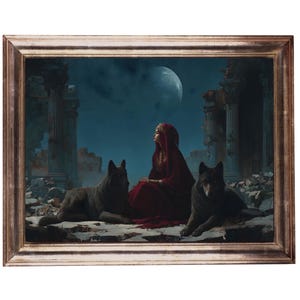 Hecate Portrait Art Print, Witch core Wall Decor, Dark Goddess Portrait, Ancient Wolf Spirit Guide, Gothic Moon Priestess Artwork