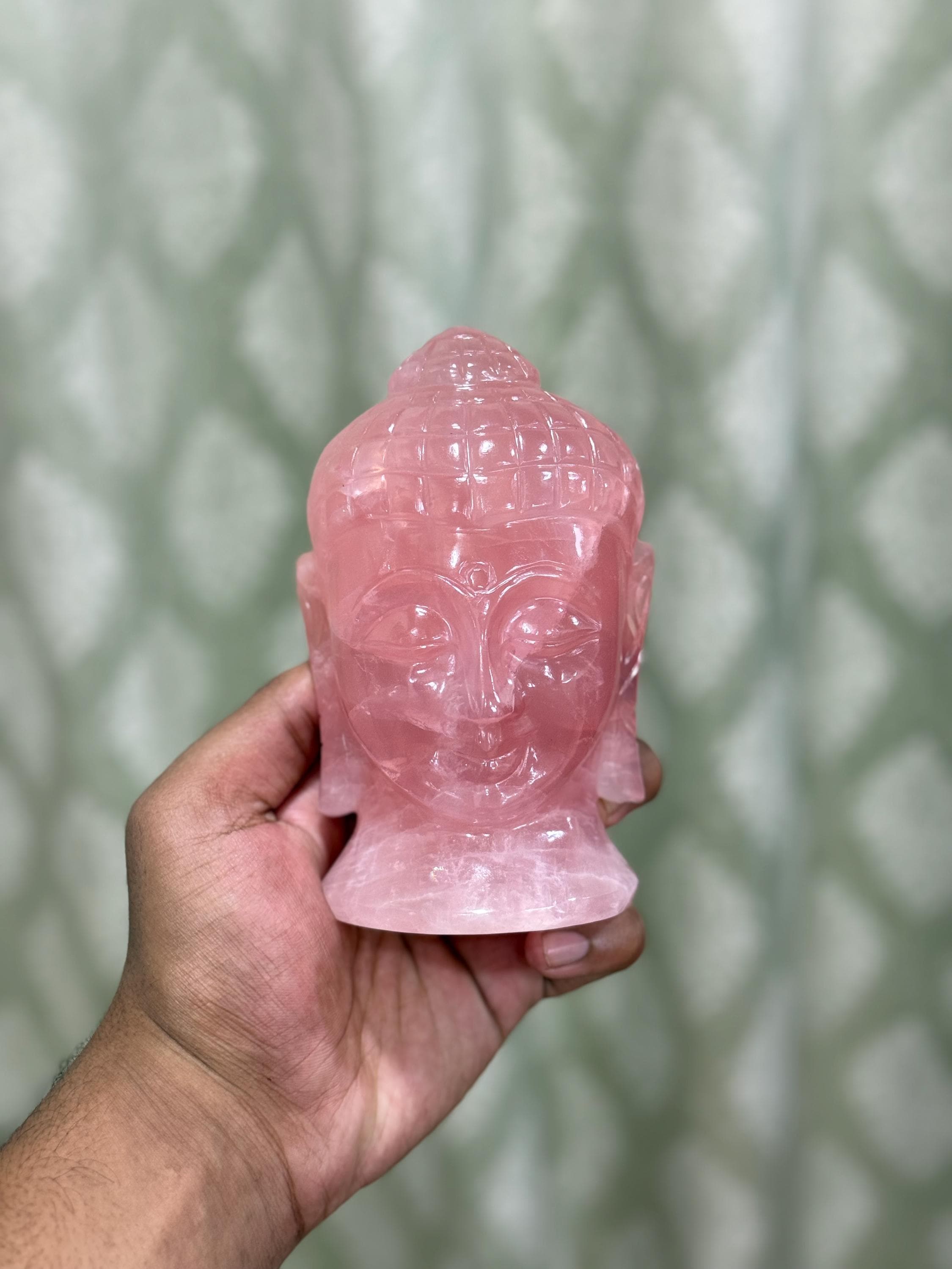 ローズクォーツの手彫り仏頭像 - プレミアム品質クリスタル - インドの