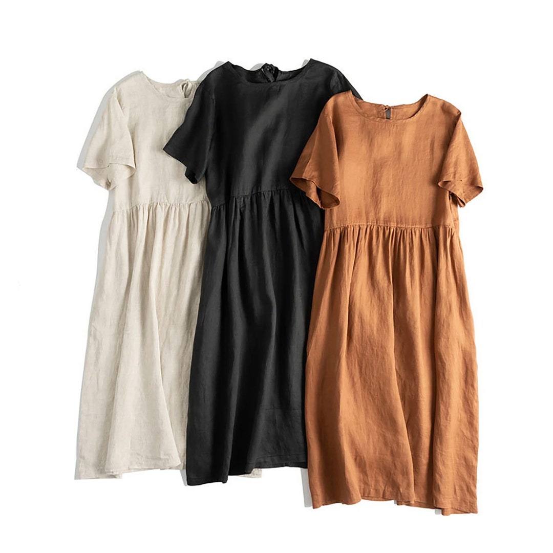 Women Loose Linen Dress Japanese Cotton Casual High Waist Line Etsy