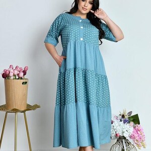 Plus Size Polka Dot Dress Light Blue, Midi Summer Dress, Loose Fit Tiered Dress Women, Elegant Casual Outfit M–8X
