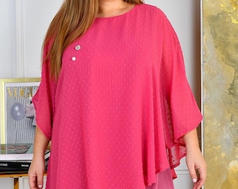 Plus Size Asymmetric Tunic Set with Pants, Pink Chiffon Overlay Outfit, Loose Fit Two Piece Set, Elegant Casual Outfit for Women