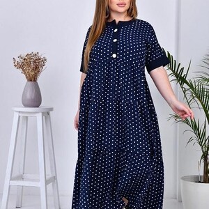 Plus Size Polka Dot Dress, Blue Maxi Dress, Loose Fit Summer Dress, Elegant Casual Dress Women, Oversized Dress M–8X