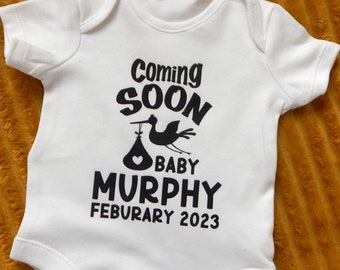 Personalised Baby Vest Pregnancy Announcement/ Coming Soon Surname Due Date Pregnancy Gift Reveal/ Surprise Pregnancy Announcement/ New Baby