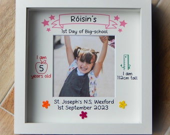 First Day At School Frame Pink Personalised First Day of Big-school or Playschool photo frame keepsake gift incl. age, height, date & school