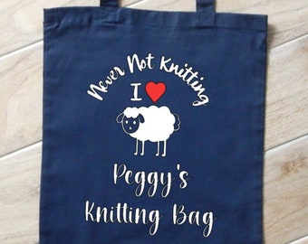Personalized Knitting Tote Bag: Navy Cotton Canvas Sheep Design