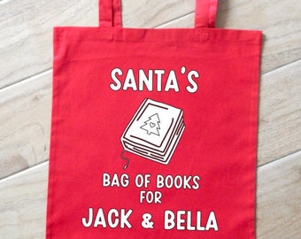 Personalised Santa Tote Book Bag / Make a New Christmas Tradition / For Kids who Love to Read / Santa Fills their Bag with Books / Book Bag