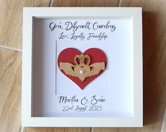 Personalised Claddagh Frame/ Irish Claddagh Art Gift for Wedding or Anniversary/ Grá, Dílseacht, Cairdeas/ Love, Loyalty, Friendship Gift
