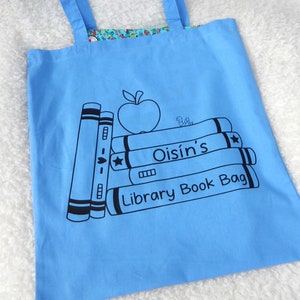Sac de livre de bibliothèque fourre-tout bleu/ sac personnalisé pour livres de bibliothèque/ sac de livre de bibliothèque avec nom/ cadeau de livre pour enfant/cadeau d'amateur de livres/cadeau pour fils