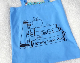 Bolso azul para libros de biblioteca / Bolso personalizado para libros de biblioteca / Bolso para libros de biblioteca con nombre / Regalo de libro para niños / Regalo de amante de los libros / Regalo para hijo