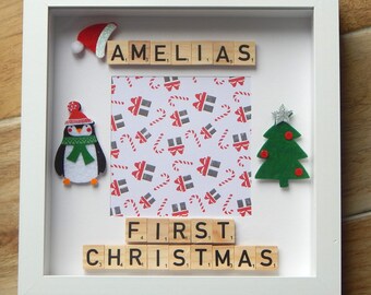 1st Christmas Frame for Boy or Girl/ Scrabble Frame 1st Christmas/ Christmas Penguin/ Christmas Tree/ Personalised Frame with Name/ Keepsake