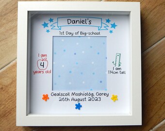 First Day At School Frame Blue Personalised First Day of Big-school or Playschool photo frame keepsake gift incl. age, height, date & school